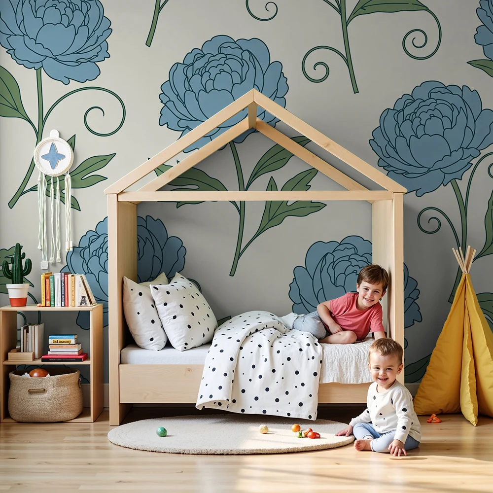 Babyromspapir | Blomster i blått på kremhvit bakgrunn
