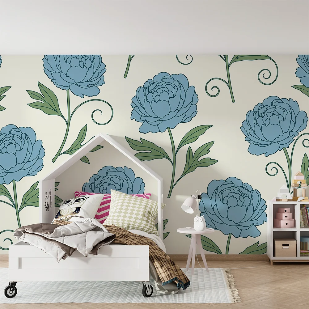 Babyromspapir | Blomster i blått på kremhvit bakgrunn