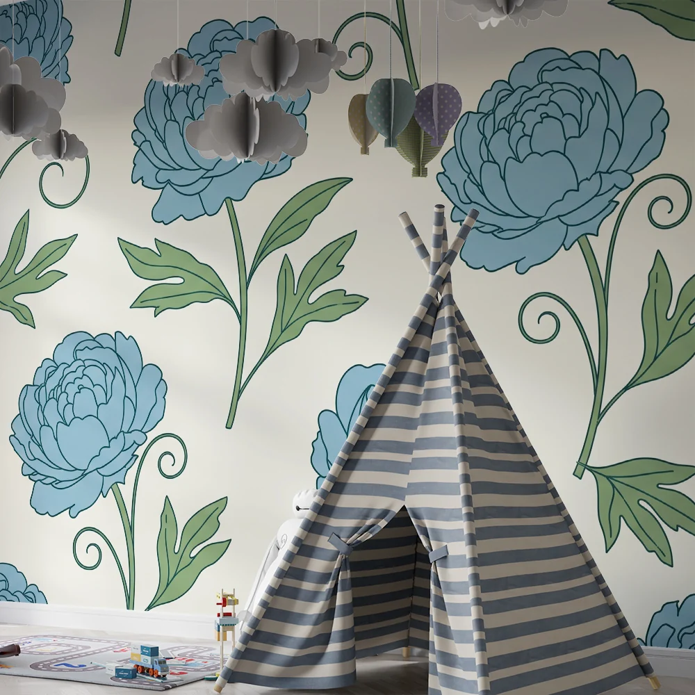 Babyromspapir | Blomster i blått på kremhvit bakgrunn