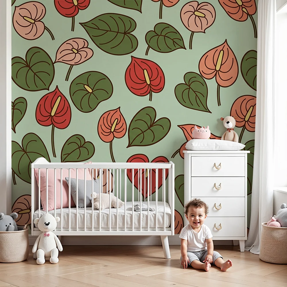 Babyromspapir | Fargerike blader og blomster på pastellbakgrunn