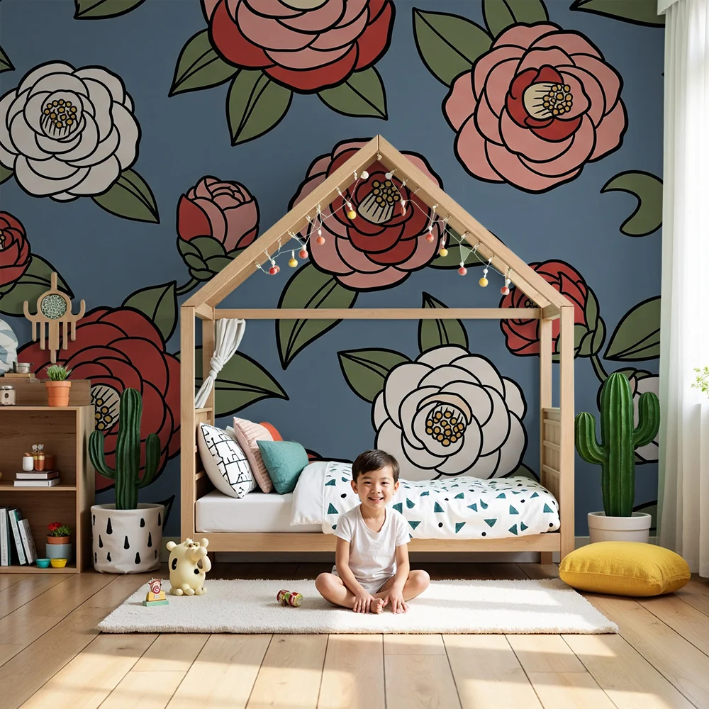 Babyromspapir | Fargerike blomster på blå bakgrunn en myk stemning