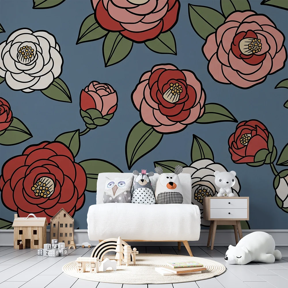 Babyromspapir | Fargerike blomster på blå bakgrunn en myk stemning