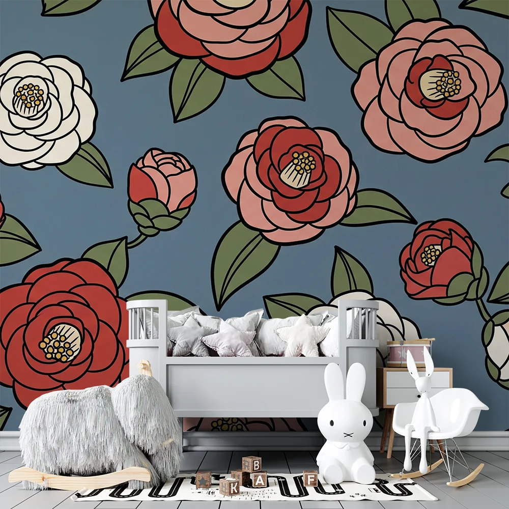 Babyromspapir | Fargerike blomster på blå bakgrunn en myk stemning
