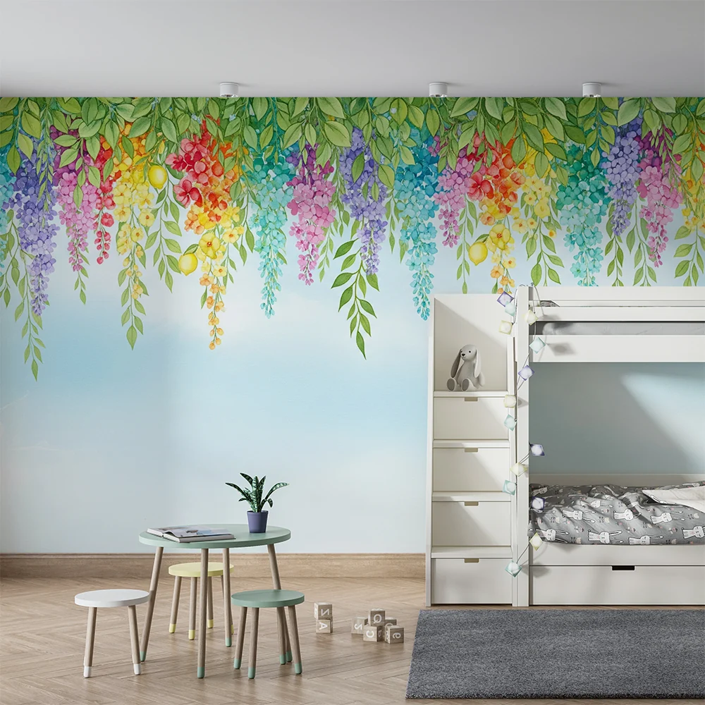 Babyromspapir | Fargerike blomster og frodig løvverk på blå bakgrunn