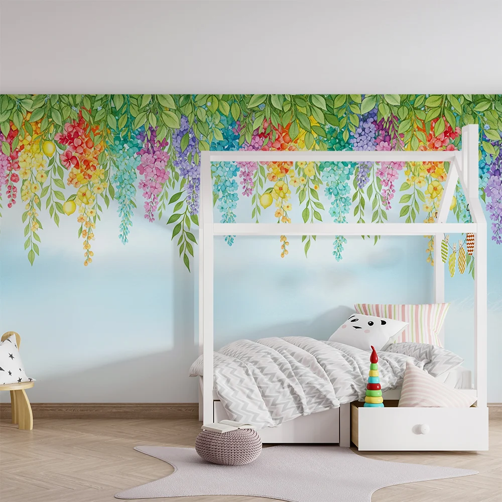 Babyromspapir | Fargerike blomster og frodig løvverk på blå bakgrunn