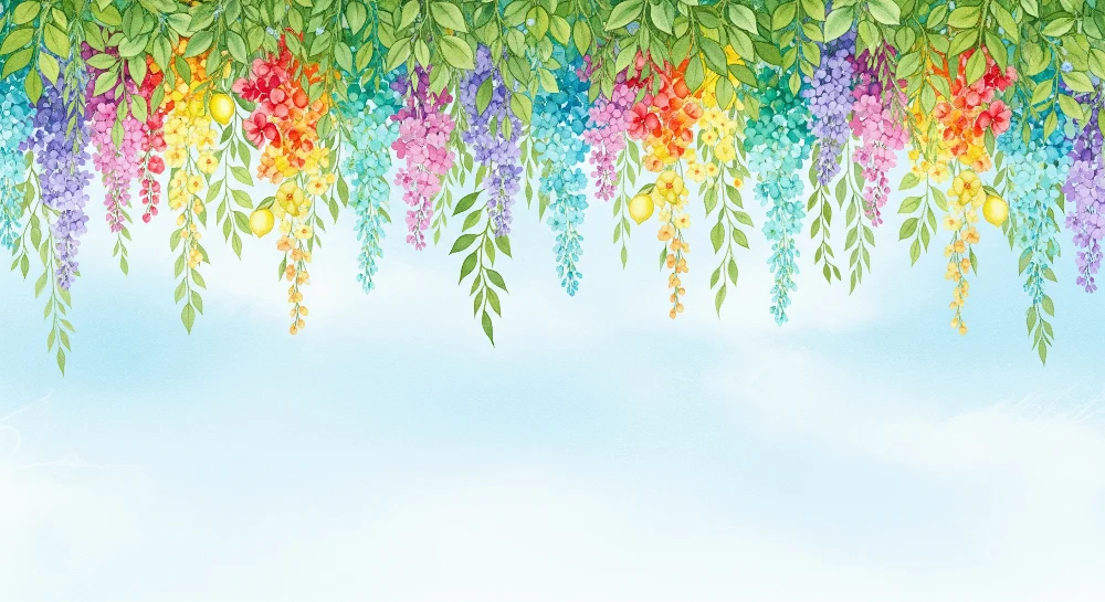 Babyromspapir | Fargerike blomster og frodig løvverk på blå bakgrunn