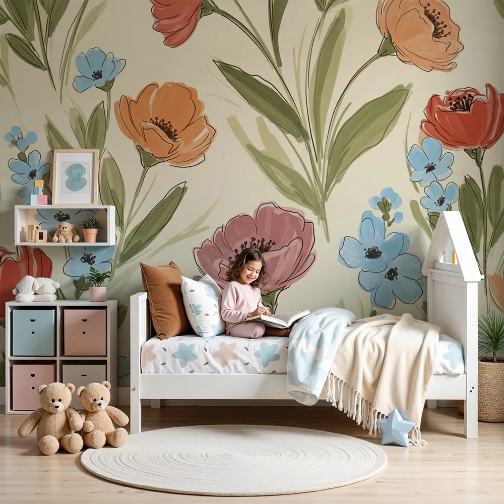 Babyromspapir | Fargerike blomster på myk bakgrunn en rolig stemning