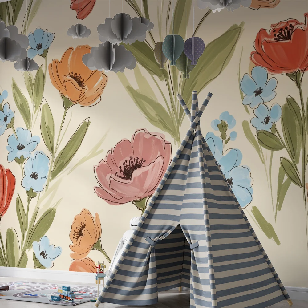 Babyromspapir | Fargerike blomster på myk bakgrunn en rolig stemning