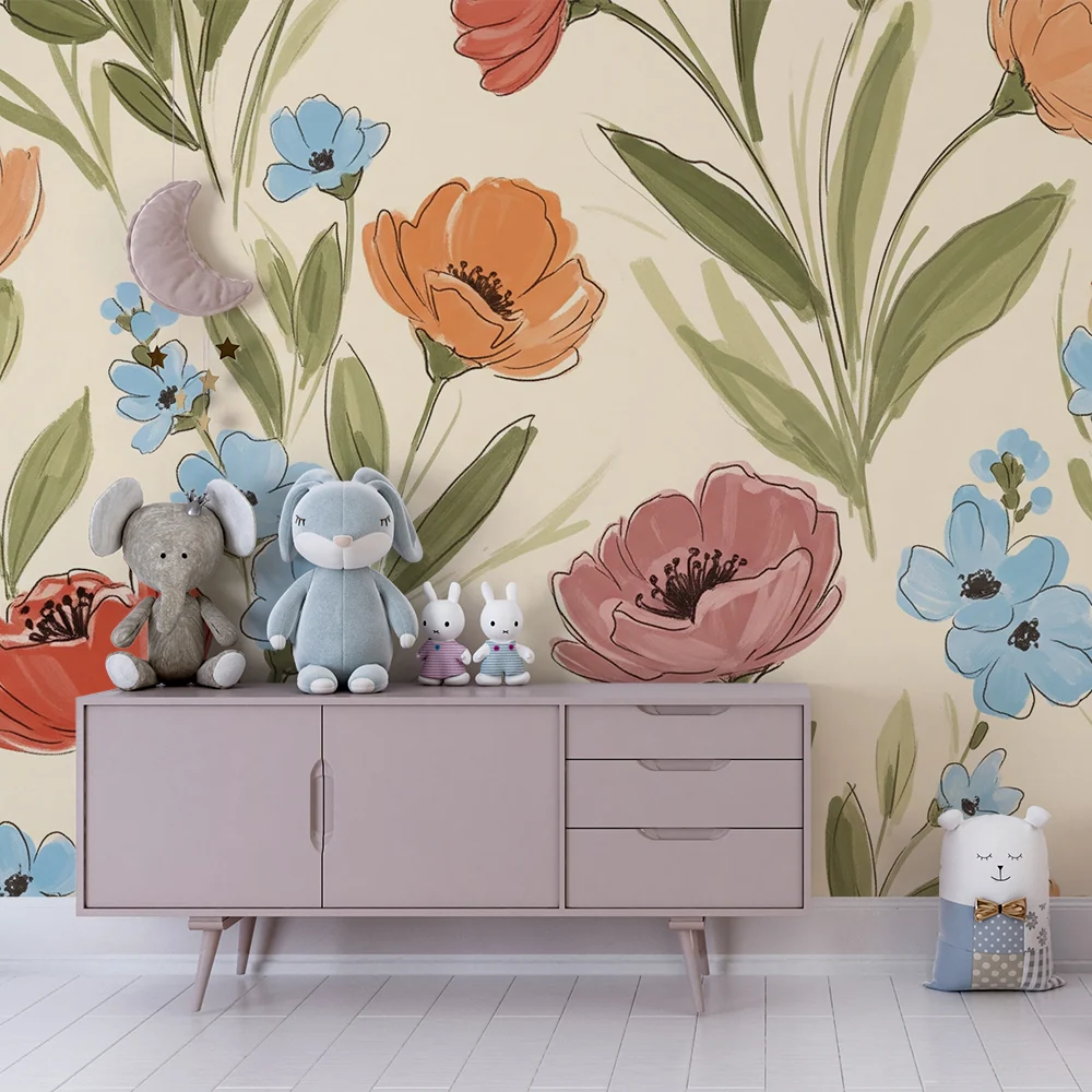 Babyromspapir | Fargerike blomster på myk bakgrunn en rolig stemning
