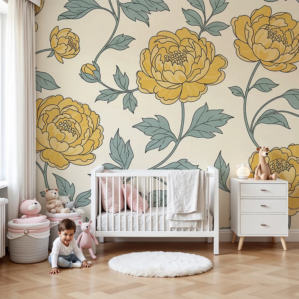 Babyromspapir | Gule blomster og delikat løvverk på kremfarget bakgrunn