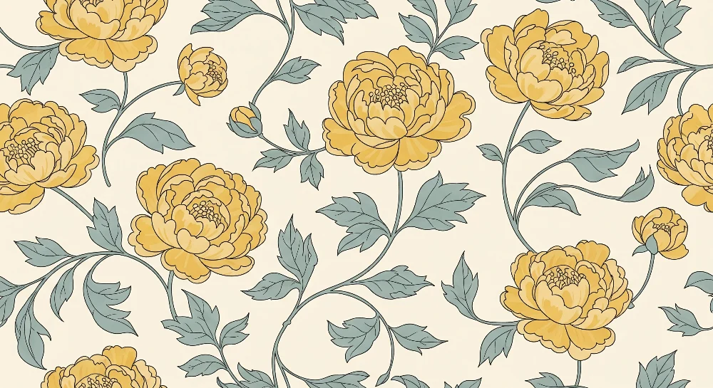 Babyromspapir | Gule blomster og delikat løvverk på kremfarget bakgrunn
