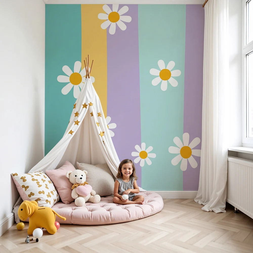 Babyromspapir | Lyse striper med glade prestekrager