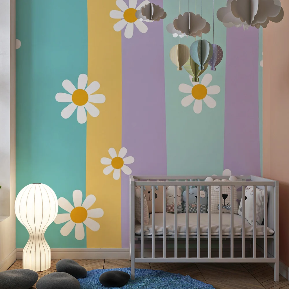 Babyromspapir | Lyse striper med glade prestekrager