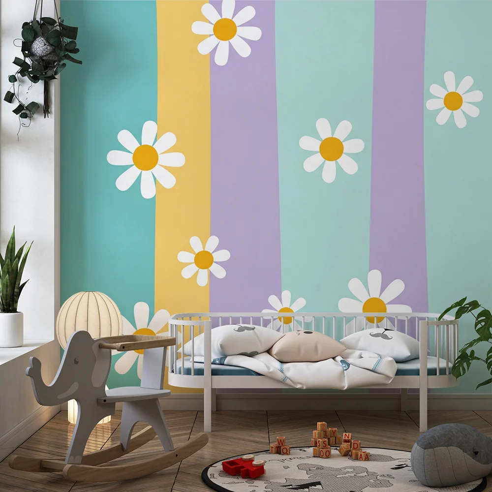 Babyromspapir | Lyse striper med glade prestekrager