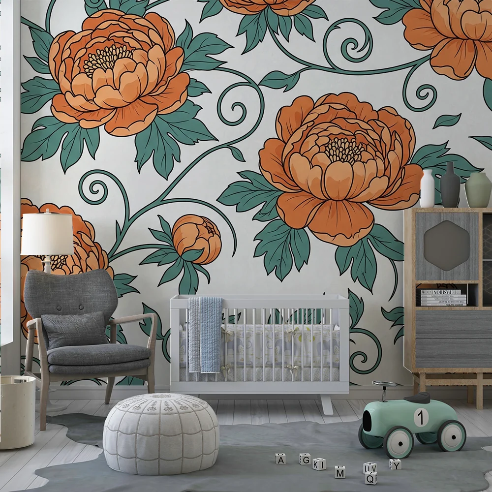 Babyromsveggtapet | Appelsinblomster og frodig løvverk