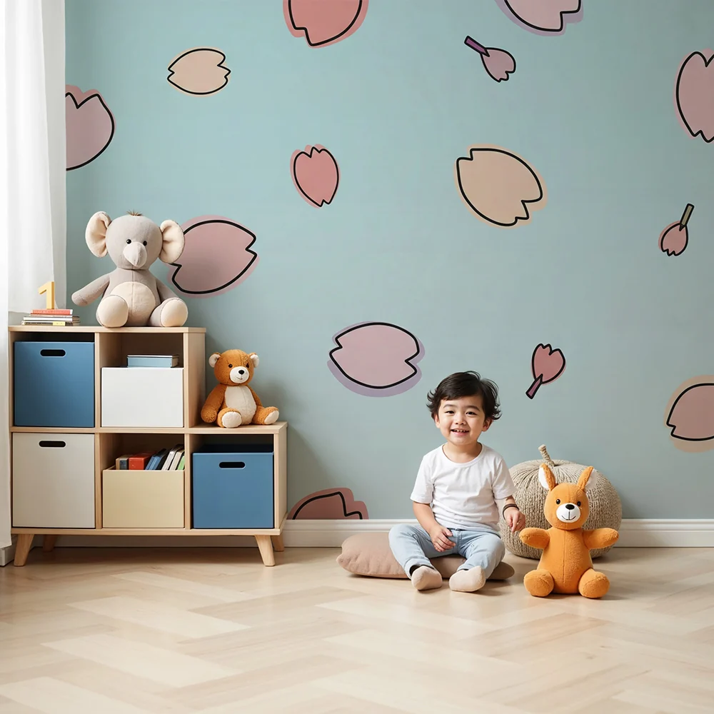 Babyromsveggtapet | Blomsterblader på pastellblå bakgrunn