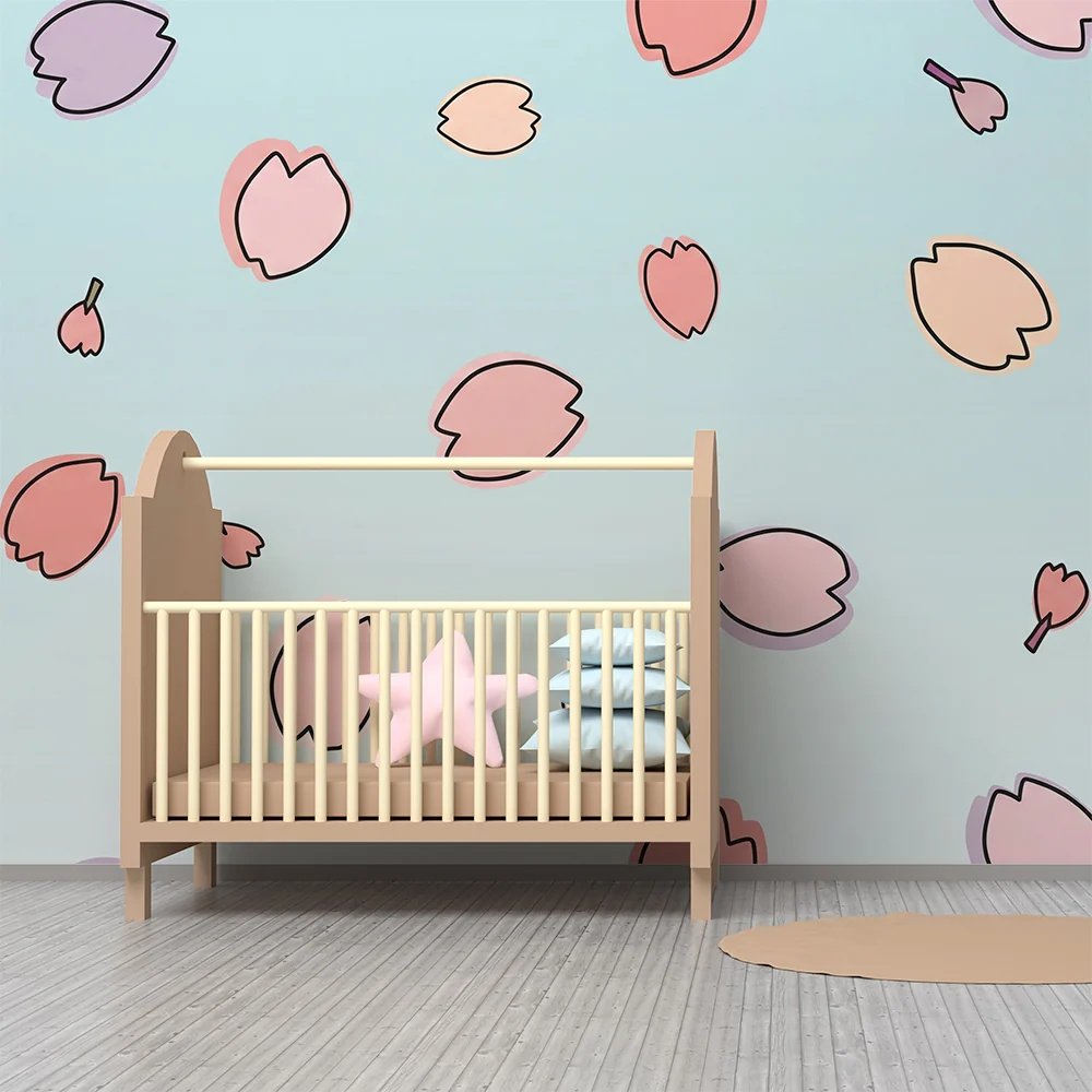 Babyromsveggtapet | Blomsterblader på pastellblå bakgrunn