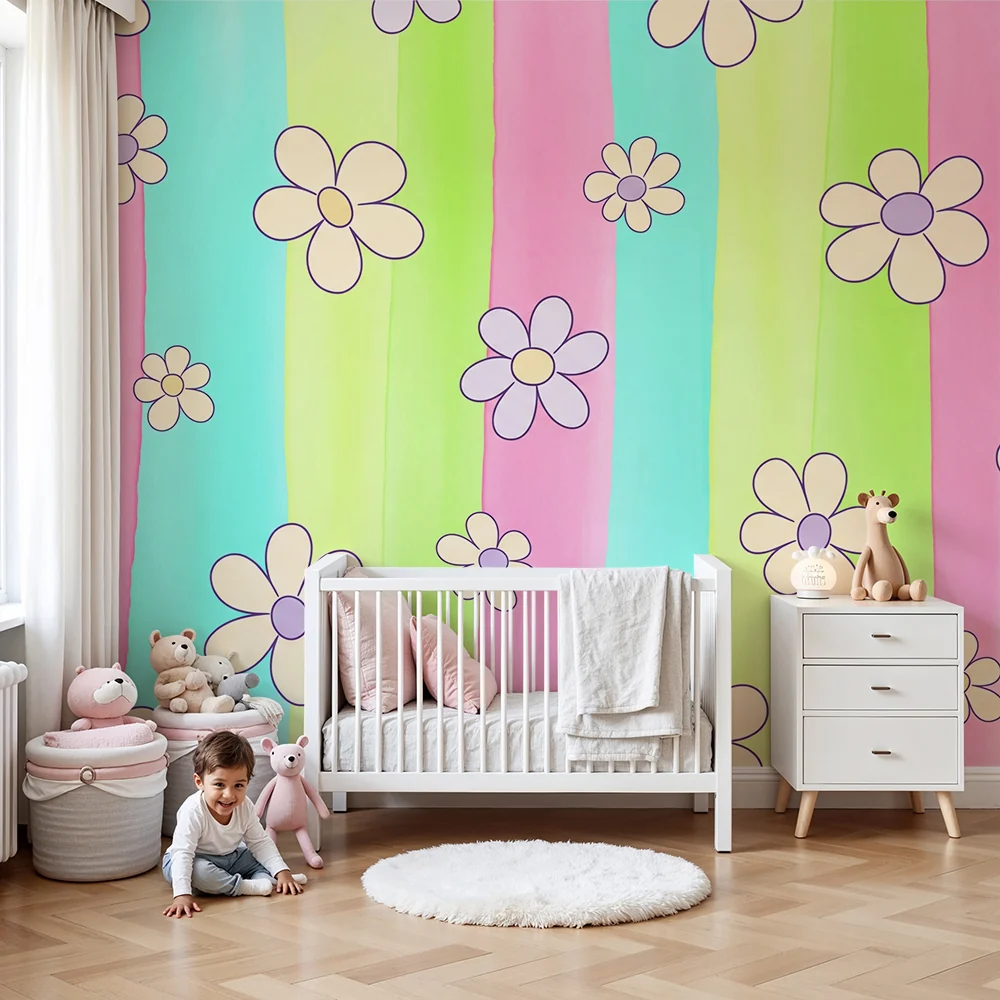 Babyromsveggtapet | Fargerike blomster på pastellbakgrunn med striper