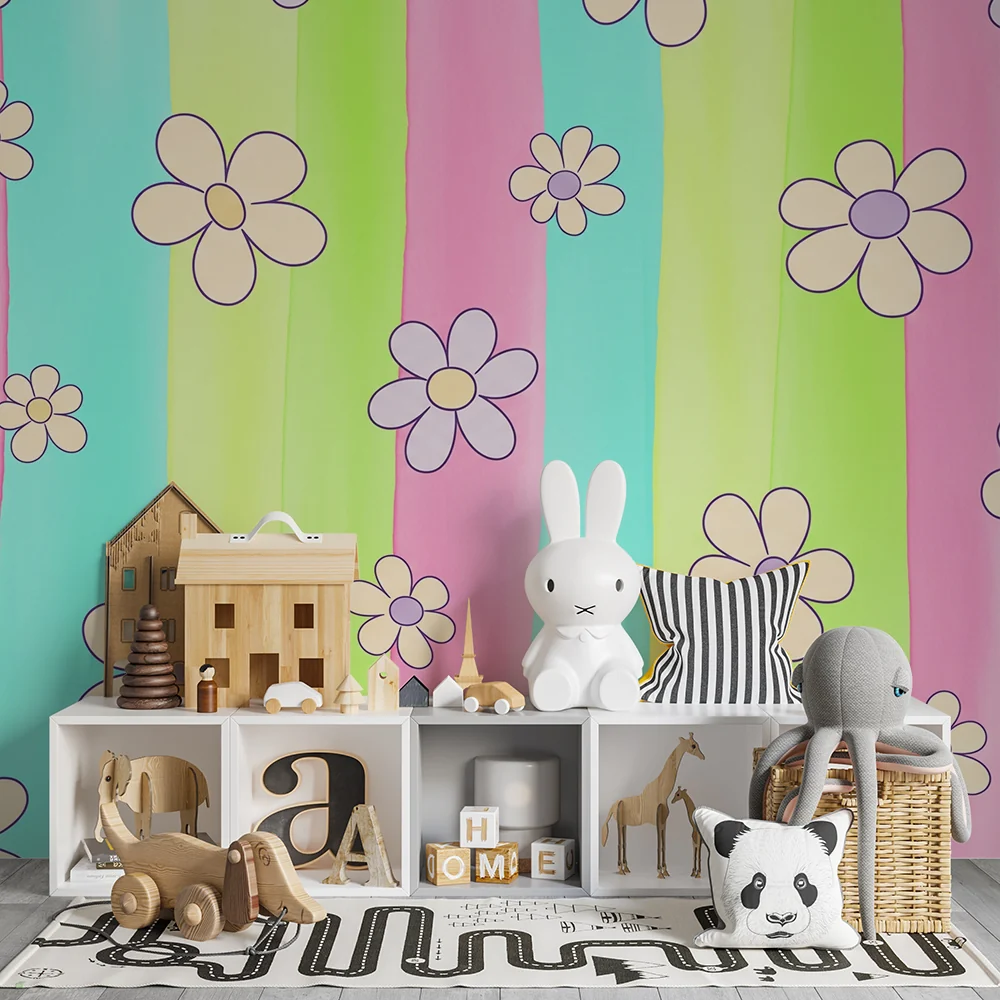 Babyromsveggtapet | Fargerike blomster på pastellbakgrunn med striper