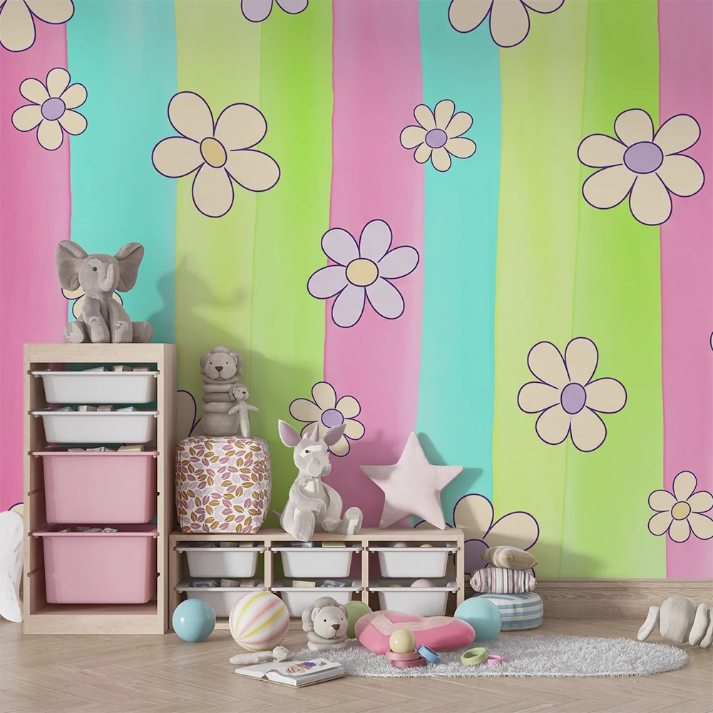 Babyromsveggtapet | Fargerike blomster på pastellbakgrunn med striper