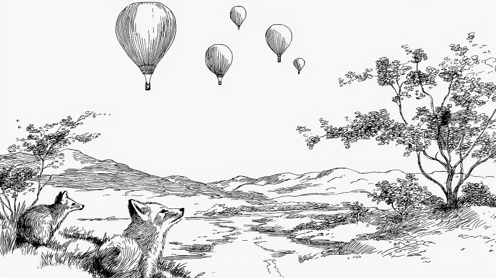 Barnas veggteppe | Nysgjerrige rever under luftballonger i et fredelig landskap