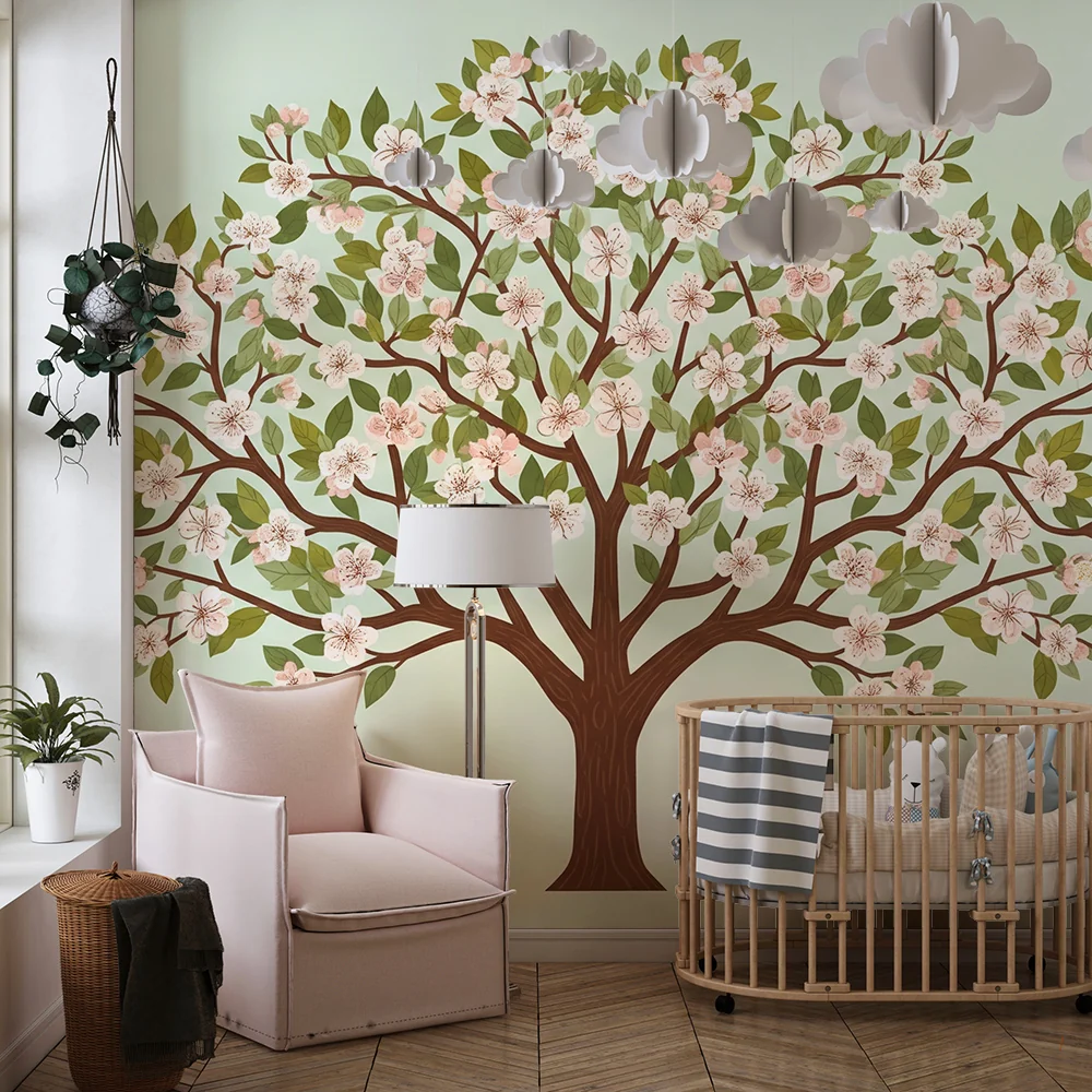Barnepapir | Blomstrende tre med fine blomster på pastellbakgrunn