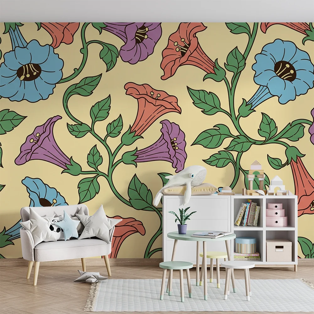 Barnepapir | Fargerike blomster på lysegul bakgrunn