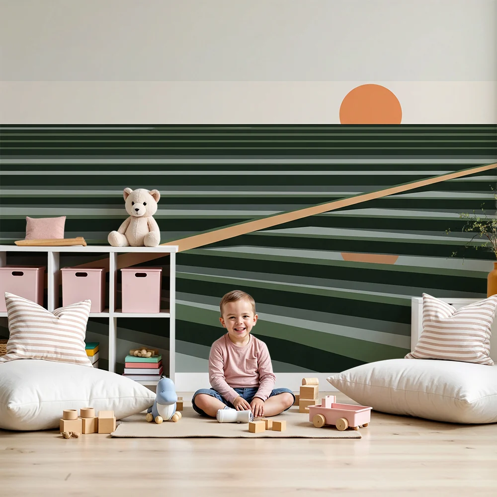 Barnetapet barn | Abstrakt landskap med solnedgang og geometriske linjer