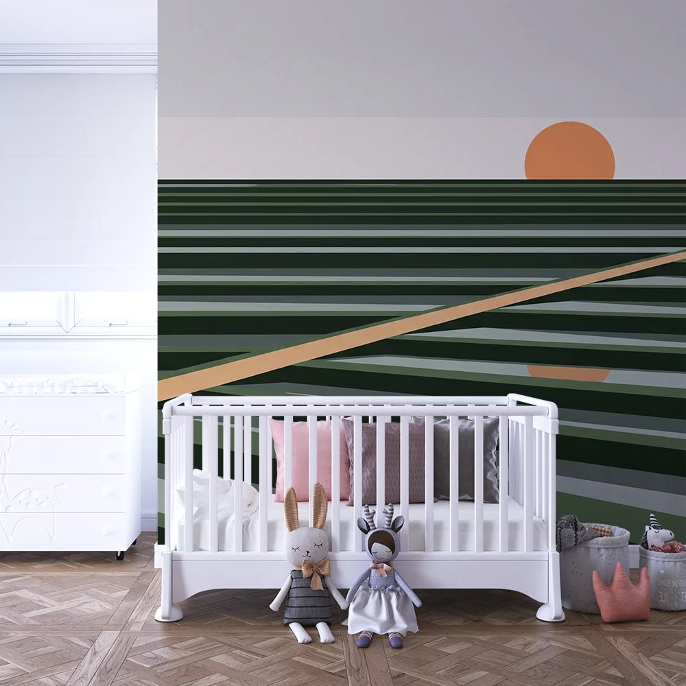 Barnetapet barn | Abstrakt landskap med solnedgang og geometriske linjer