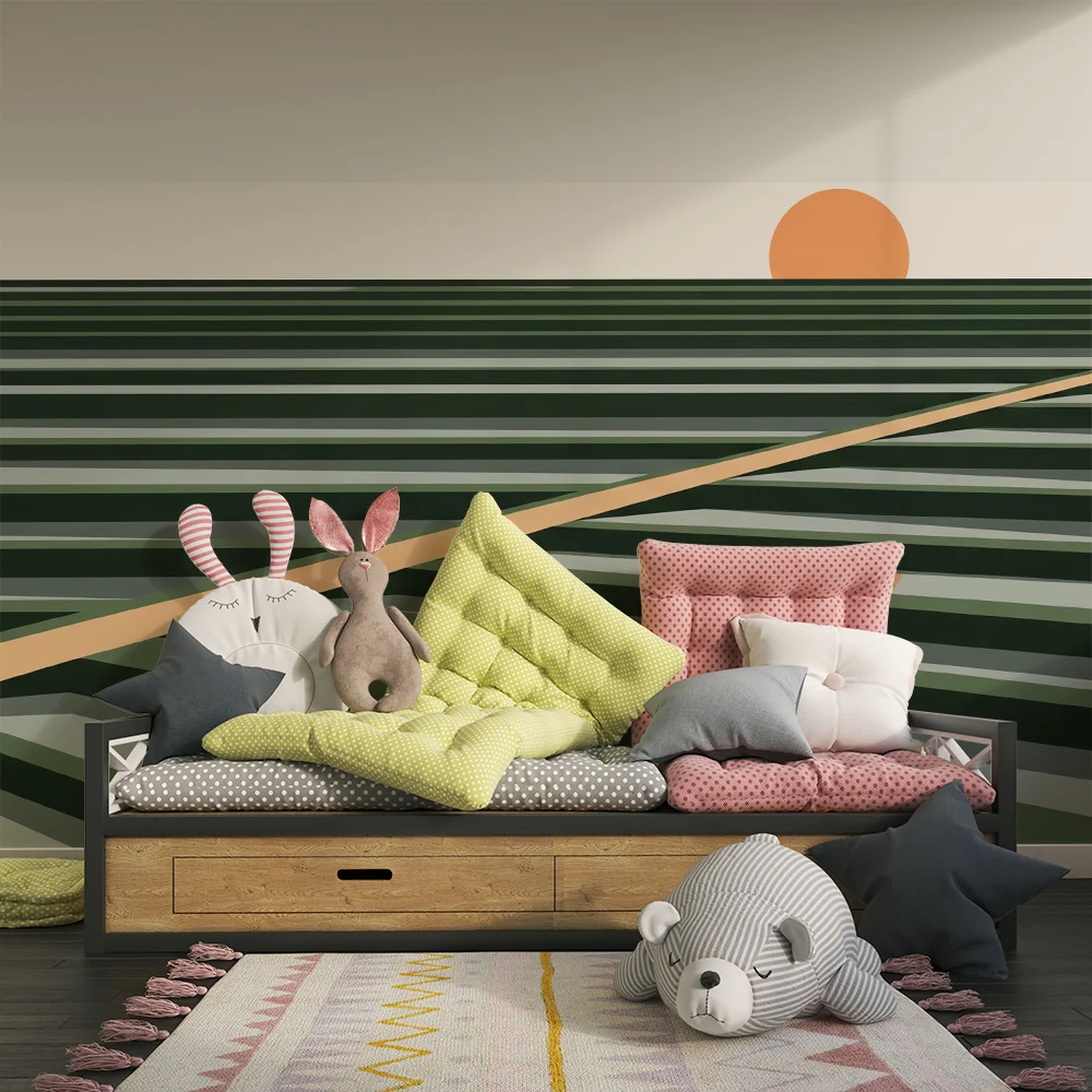 Barnetapet barn | Abstrakt landskap med solnedgang og geometriske linjer
