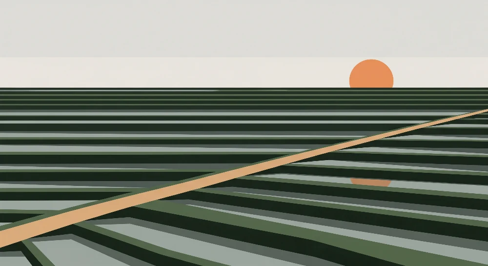 Barnetapet barn | Abstrakt landskap med solnedgang og geometriske linjer