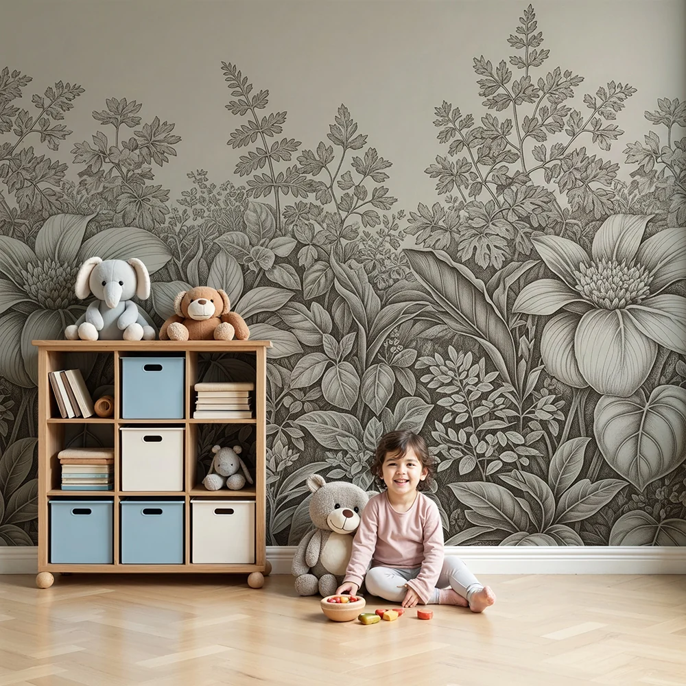 Barnetapet | Blomster og bladverk i myke nyanser