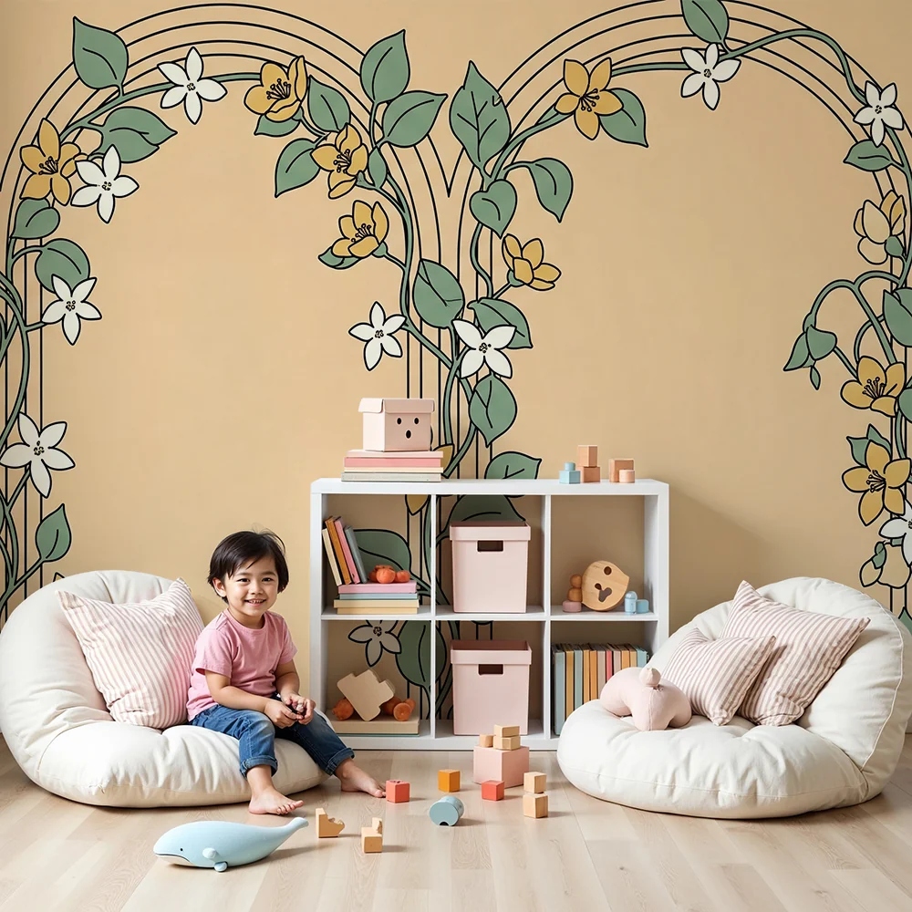 Barnetapet | Blomster og elegante mønstre på en myk bakgrunn