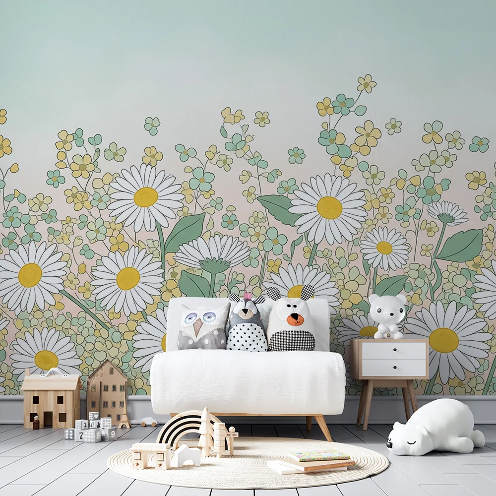 Barnetapet | En blomstereng med tusenfryd og fine blomster i myke farger