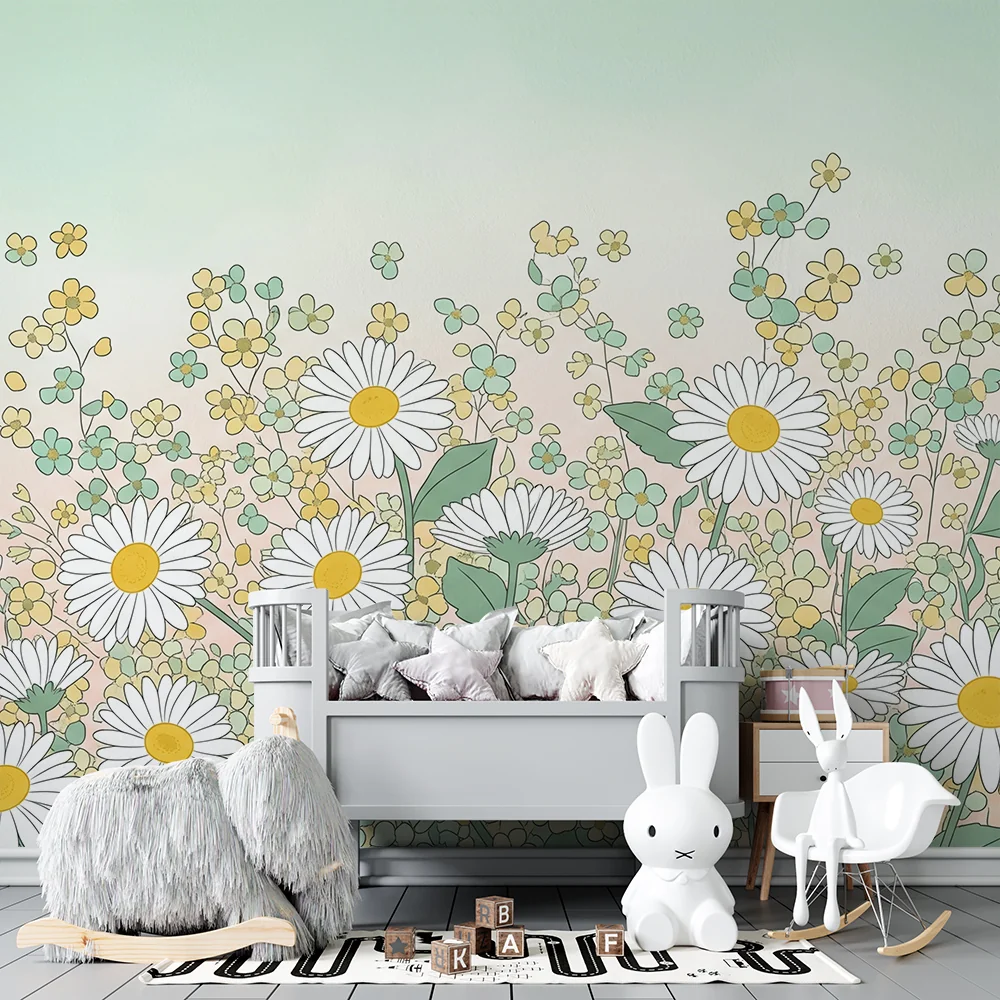 Barnetapet | En blomstereng med tusenfryd og fine blomster i myke farger