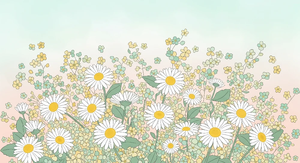 Barnetapet | En blomstereng med tusenfryd og fine blomster i myke farger