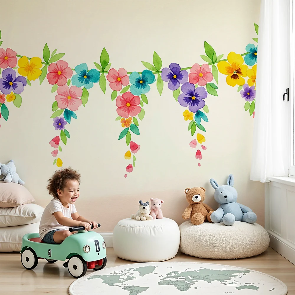 Barnetapet | Fargerik blomsterguirlande med akvarellblomster
