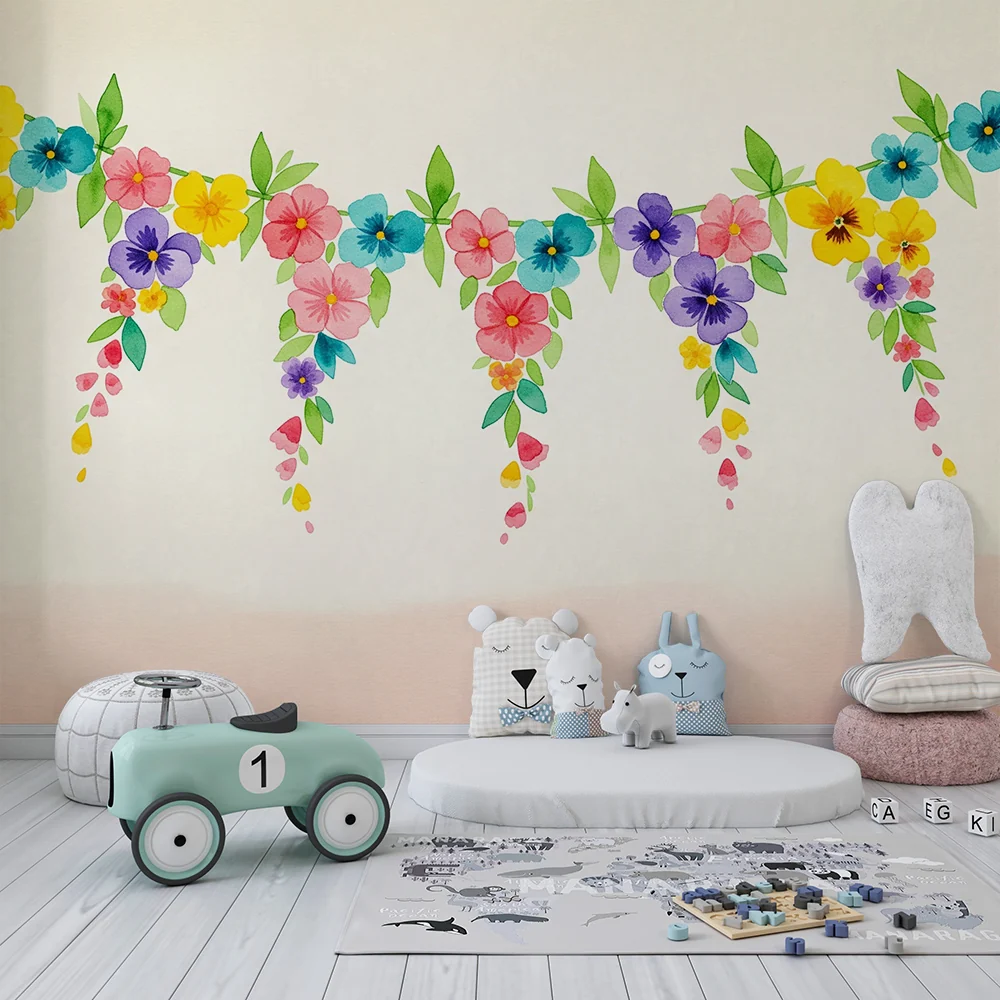 Barnetapet | Fargerik blomsterguirlande med akvarellblomster