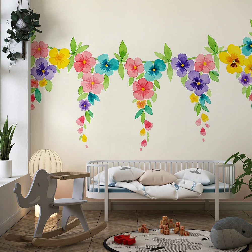 Barnetapet | Fargerik blomsterguirlande med akvarellblomster