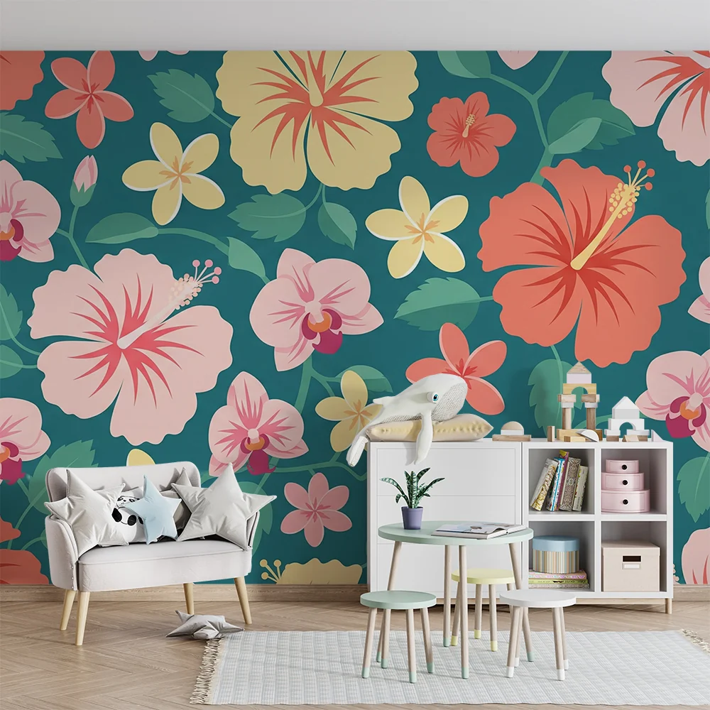 Barnetapet | Fargerike tropiske blomster på turkis bakgrunn