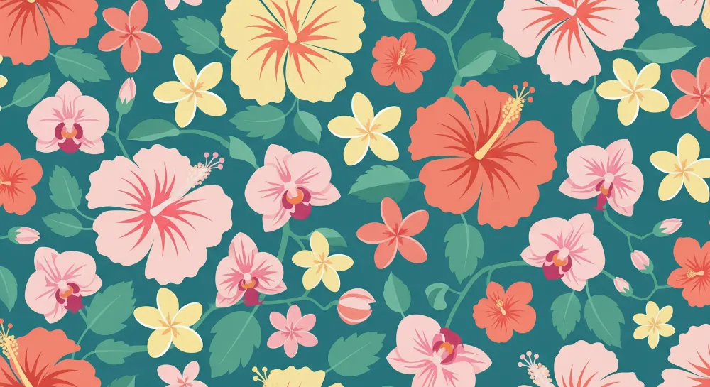 Barnetapet | Fargerike tropiske blomster på turkis bakgrunn