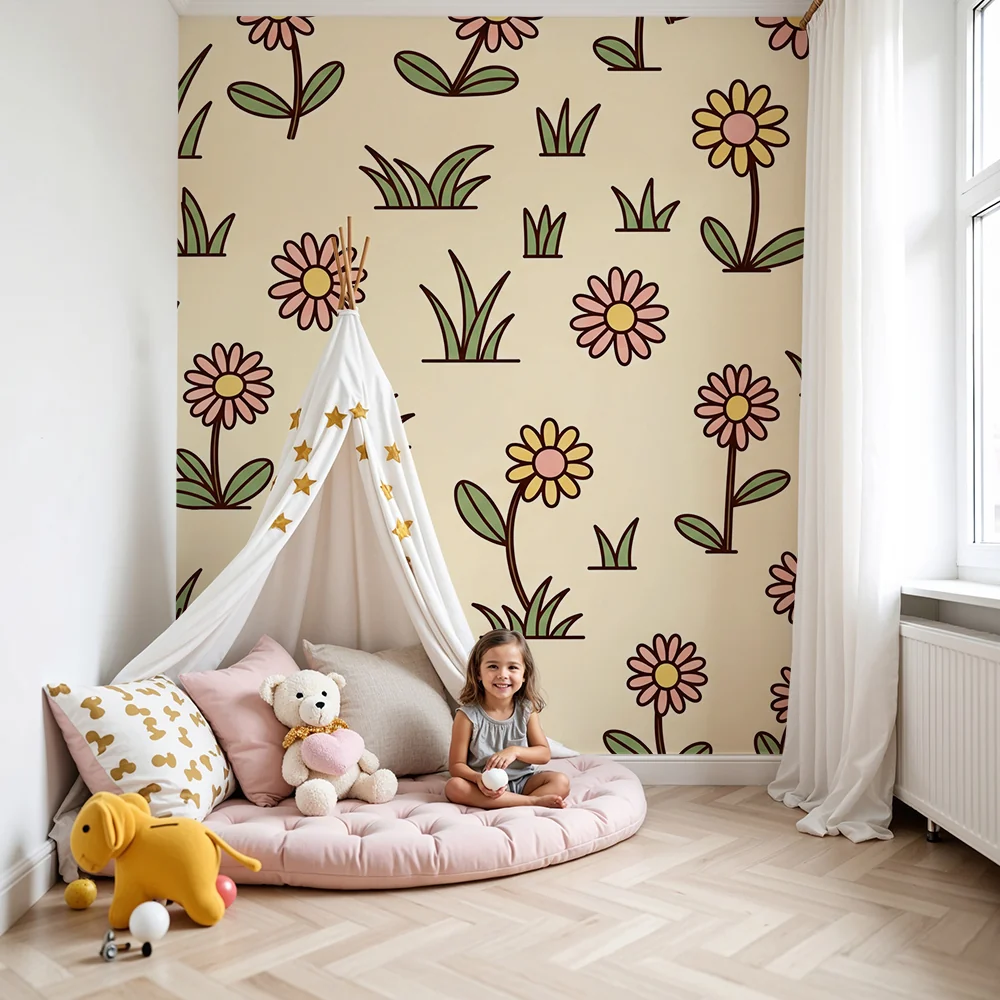 Barnetapet | Fine blomster og gress på beige bakgrunn