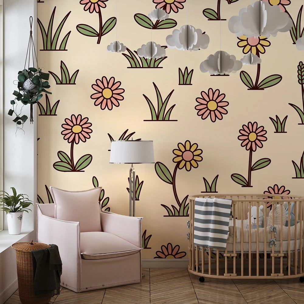 Barnetapet | Fine blomster og gress på beige bakgrunn