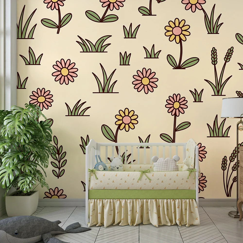 Barnetapet | Fine blomster og gress på beige bakgrunn