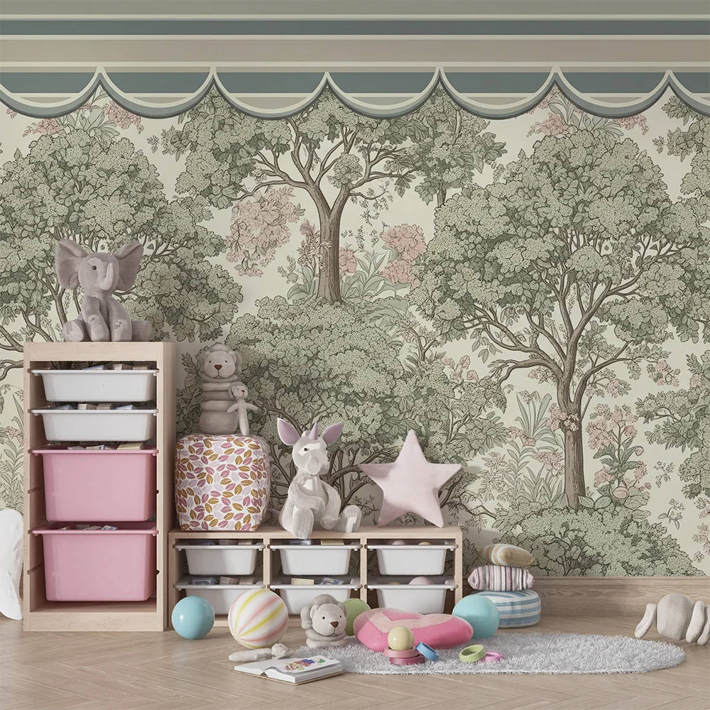Barnetapet | Frodig skog og blomster i myke nyanser