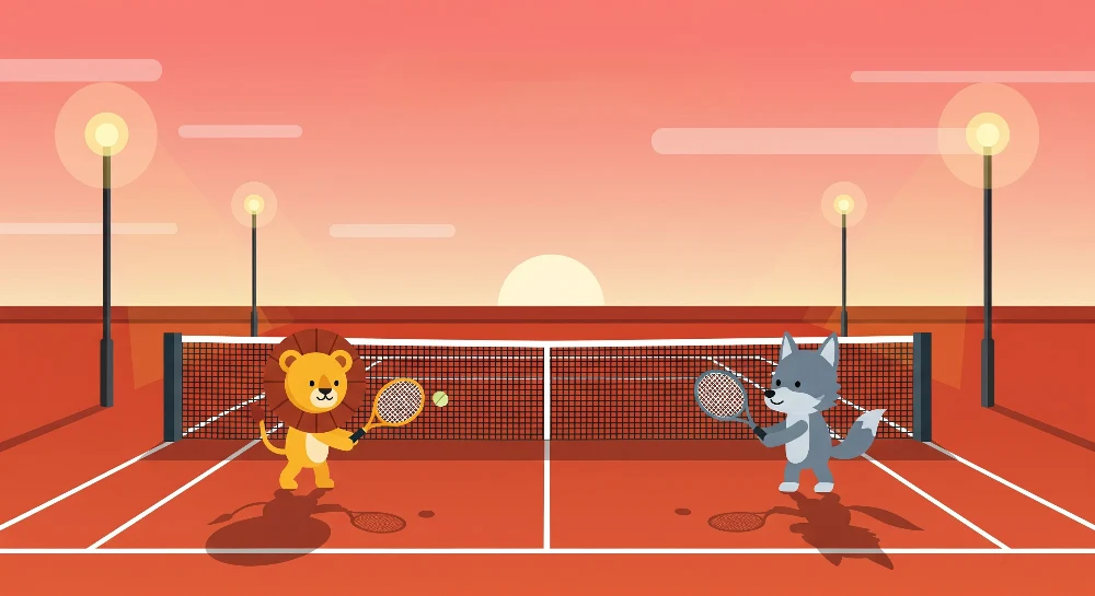 Barnetapet | Løve og ulv spiller tennis under solnedgang