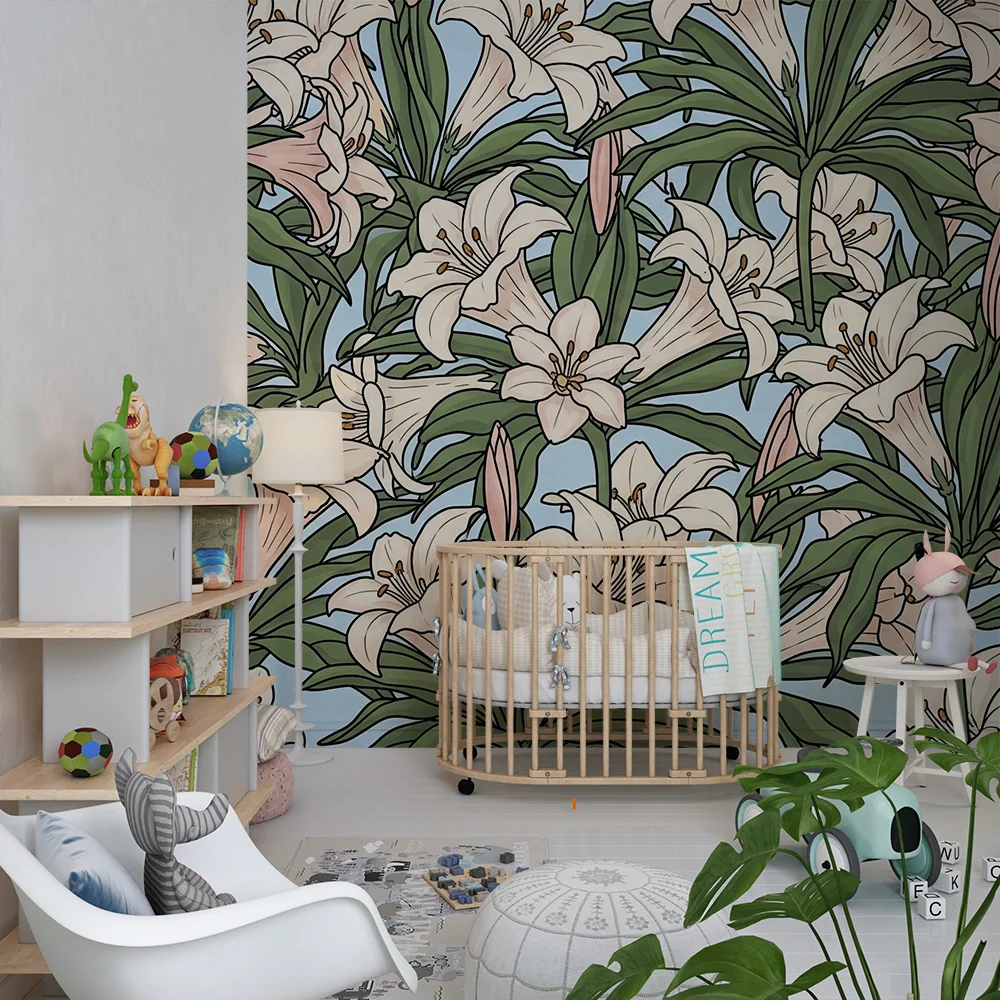 Barnetapet med blomster | Blå bakgrunn med fine liljer
