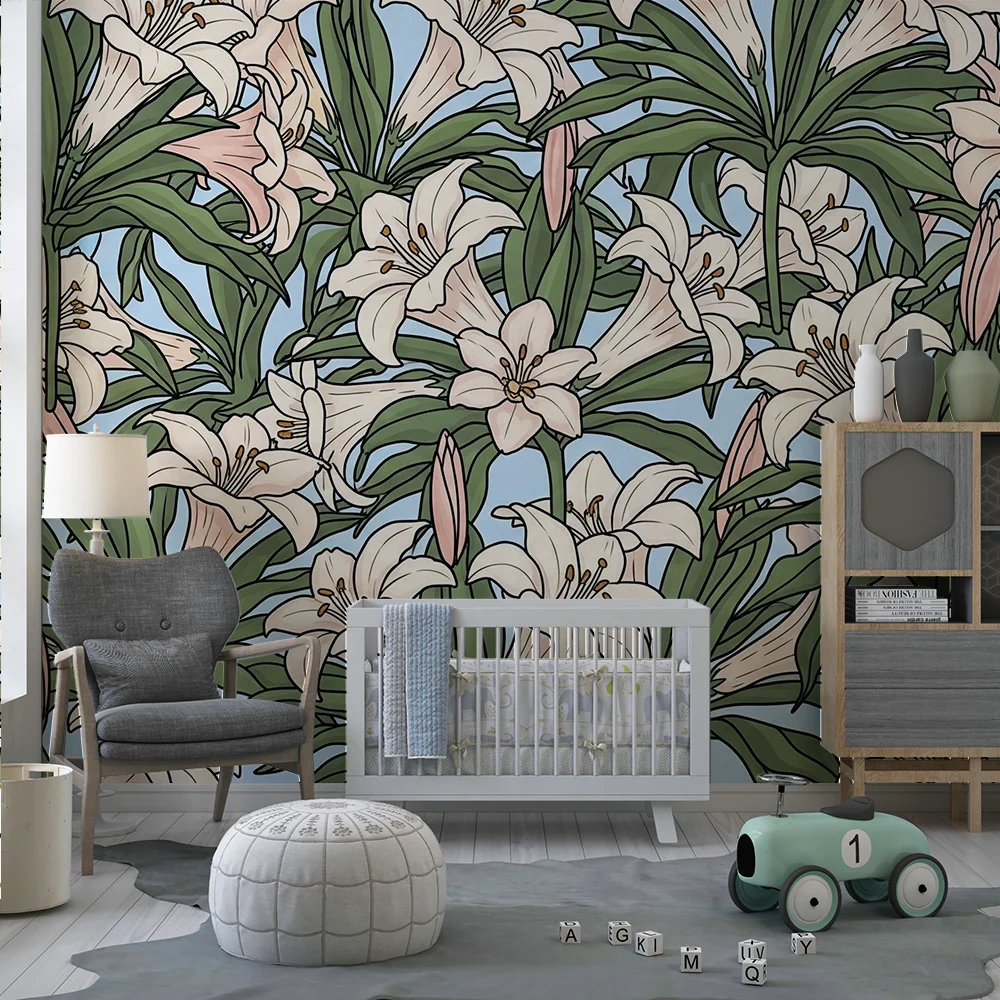 Barnetapet med blomster | Blå bakgrunn med fine liljer
