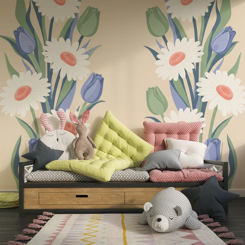 Barnetapet med blomster | Fine blomster og myke farger på beige bakgrunn