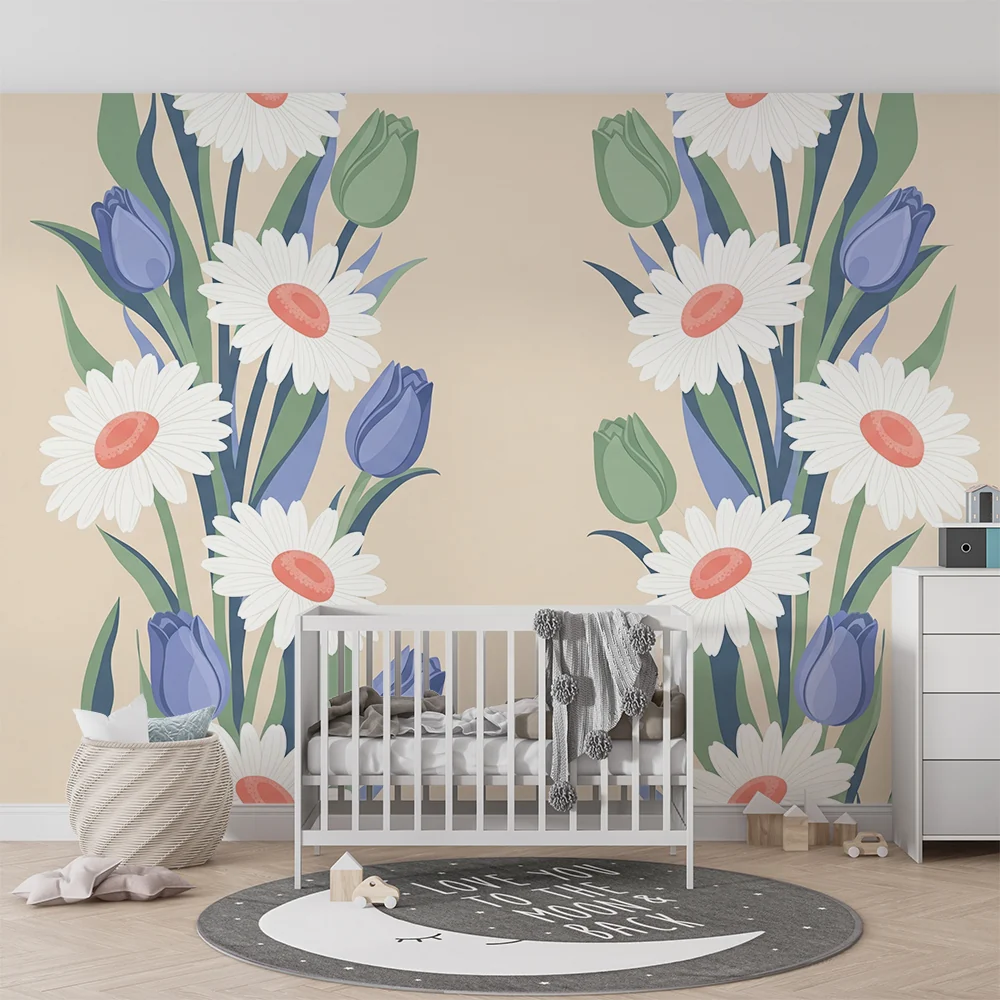 Barnetapet med blomster | Fine blomster og myke farger på beige bakgrunn
